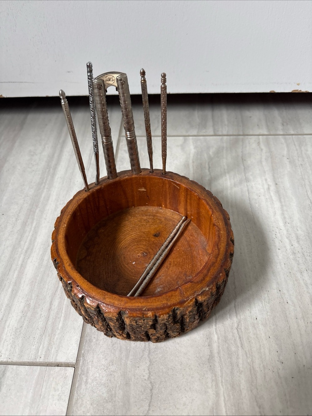 Wooden Nut Bowl Dish 1 Nut Cracker 6 Metal Picks